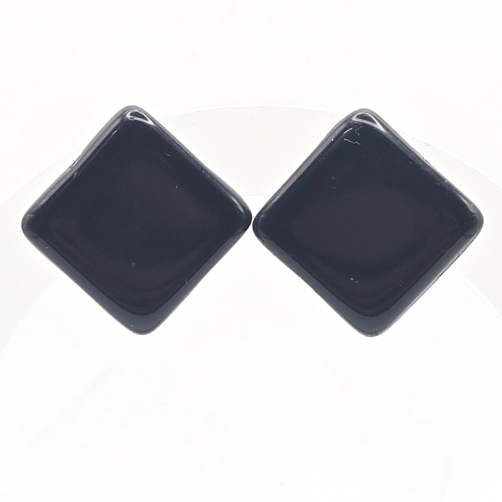 Miriam Haskell Vintage Black Glass Square Clip-Ons Screw-Back Earrings Gold Tone